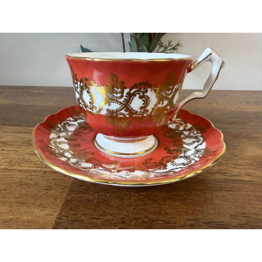 Vintage Aynsley England Bone China Teacup Saucer Coral Red Gold Filigree